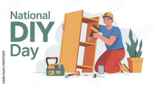 Man kneeling beside wooden shelving unit using power drill on national diy day with various tools and potted plant nearby flat design