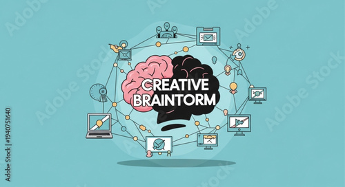 Creative Brainstorming Concept with Brain and Ideas Network.