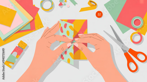 Hands crafting colorful paper with scissors tape and other art supplies on a white background creative hobby atmosphere