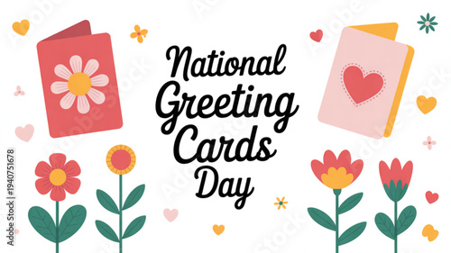 National greeting cards day celebration with colorful flowers and heart designs on greeting cards