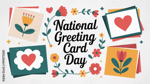 National greeting card day celebration with colorful floral designs and heart shaped cards