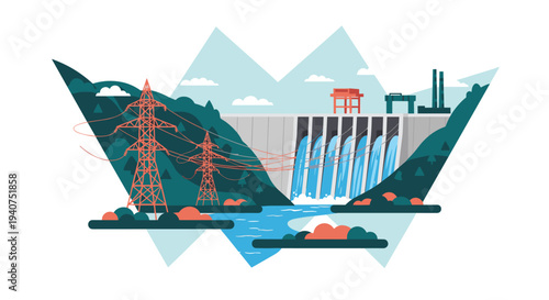 A hydroelectric dam with water cascading down its face is nestled between green mountains with power lines and transmission towers.