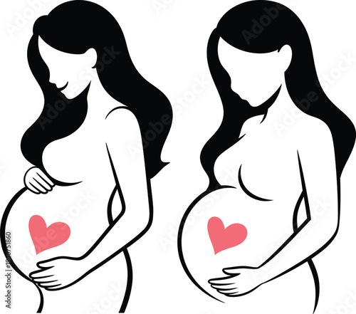 Two black silhouette pregnant women vector illustration with pink hearts on bellies, expressing maternity