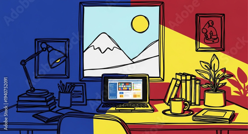 Creative workspace with laptop and books divided by color.