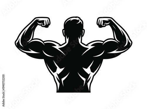 Bodybuilder silhouette flexes strong back.