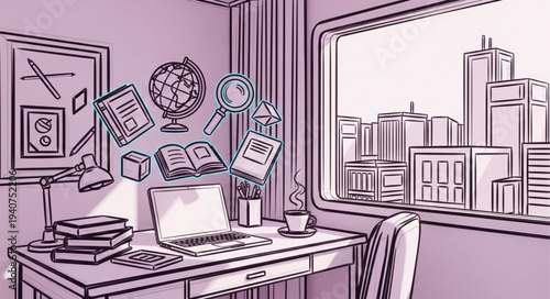 Desk with laptop and books with city view outside window.