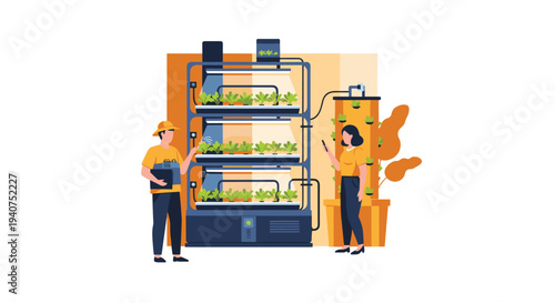 A man with a clipboard and a woman with a tablet are meticulously inspecting green plants in a multi-tiered indoor vertical farming system.