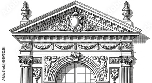 Detailed architectural drawing of a classical building facade.