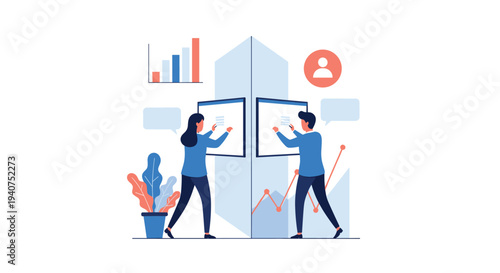 A woman and a man in blue shirts are actively writing on two separate tall white screens, surrounded by various data visualizations.