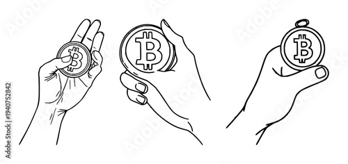 Hand holding digital token set with continuous single black line drawing on white background featuring fintech, Moneyverse theme, illustration, vector with hand and digital token and finance