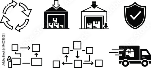 Logistics and supply chain icons show processes for warehousing, distribution, and workflow management.