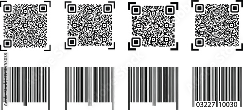 Four distinct sets of black and white QR codes are displayed above corresponding vertical UPC barcodes for data.