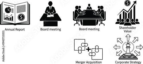 Various black and white pictograms represent core corporate governance actions including reports, meetings, mergers,.