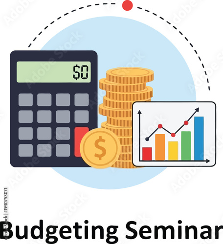 A calculator, stacked coins, and a bar chart illustrate the concept of personal financial budgeting and savings planning.