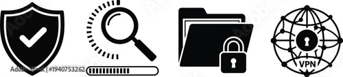 Security and data management icons show protection search progress file locking and global network access with a VPN concept.
