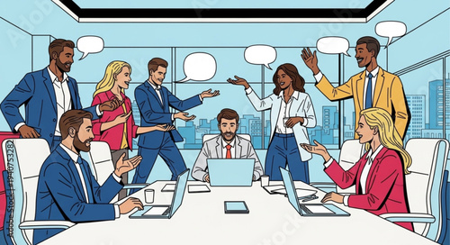 Diverse group of professionals in a lively business meeting discussion.