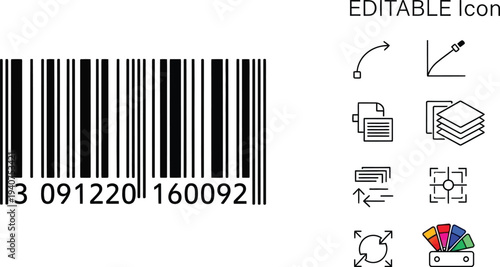 Barcode graphic element is displayed next to a set of thin line icons representing various software functions.