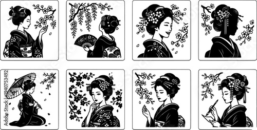 icons set of six japanese women and cherry blossom elegant close up poses sillhouette black and white