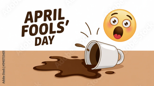 April fools' day illustration with surprised emoji and spilled coffee cup on brown surface