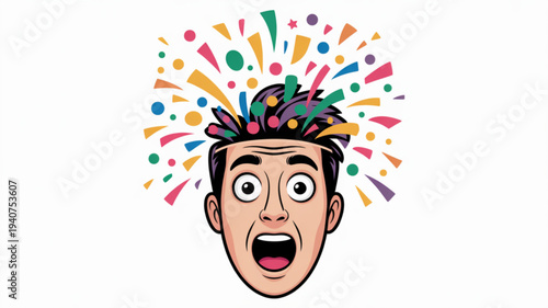 Man with colorful explosion of thoughts and shocked expression on face in cartoon style