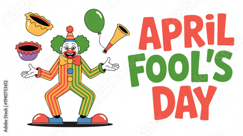 Colorful clown juggling pranks for april fool's day celebration with vibrant balloons and playful props