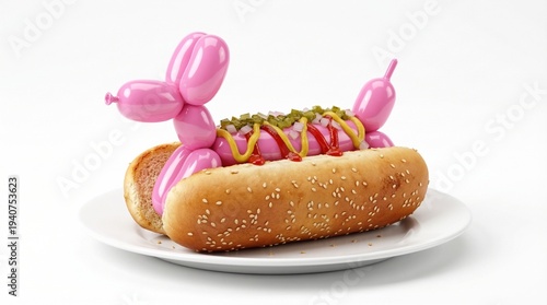 Surreal 3D render of a glossy pink balloon animal in a hotdog bun, funny food concept isolated on white