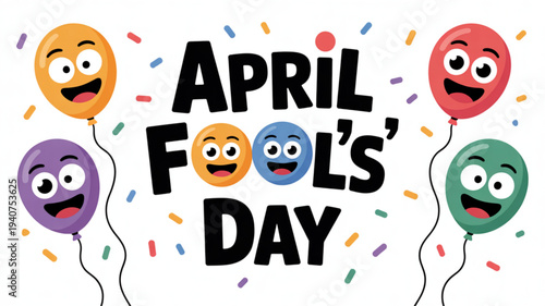 Colorful balloons and confetti celebrating april fools' day with playful emoji faces on white background