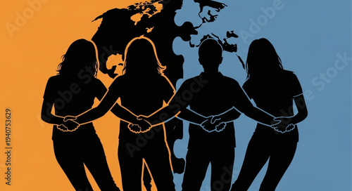 Diverse group of people holding hands in a circle symbolizing unity and global connection.