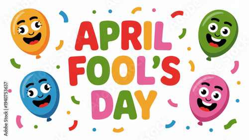 Colorful april fool's day illustration with cartoon balloons and confetti on white background vibrant and playful design