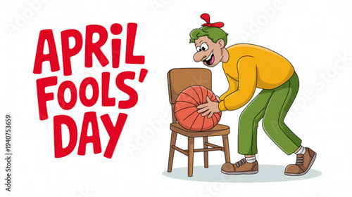 Man in yellow shirt and green pants holds basketball behind chair on april fools' day