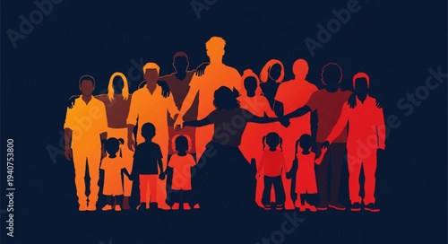 Diverse group of people standing together in silhouette.
