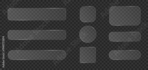 Frosted glass style UI placeholders with rounded rectangles, circle and square isolated on transparent background.