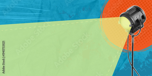 A trendy halftone pop art collage. Overhead projector for an advertising poster. Spotlight on a blue background. Black lamp with empty space. Vector.