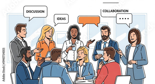 Diverse group of professionals collaborating and discussing ideas in a modern office setting.