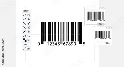 Graphic design software interface displays tools for editing and manipulating a central black and white universal product.