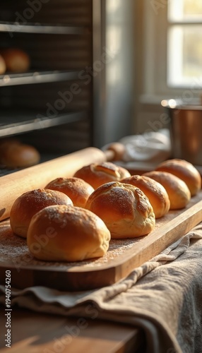 Golden brown bread rolls arranged on wood tray dusted with flour. Morning sunlight streams into bakery kitchen. Freshly baked pastry sits near oven rack. Warm, rustic food preparation.