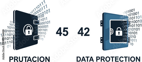 Two digital safe lock icons flank binary code streams illustrating data protection and encryption concepts.