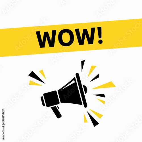 Black Megaphone Announcing "WOW!" with Excitement on an Isolated White Background