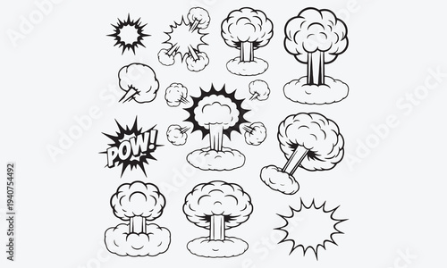 Cartoon explosions. Comic explosive detonation, game bomb blast, explose animation, explode cloud effects, crash atomic explosions