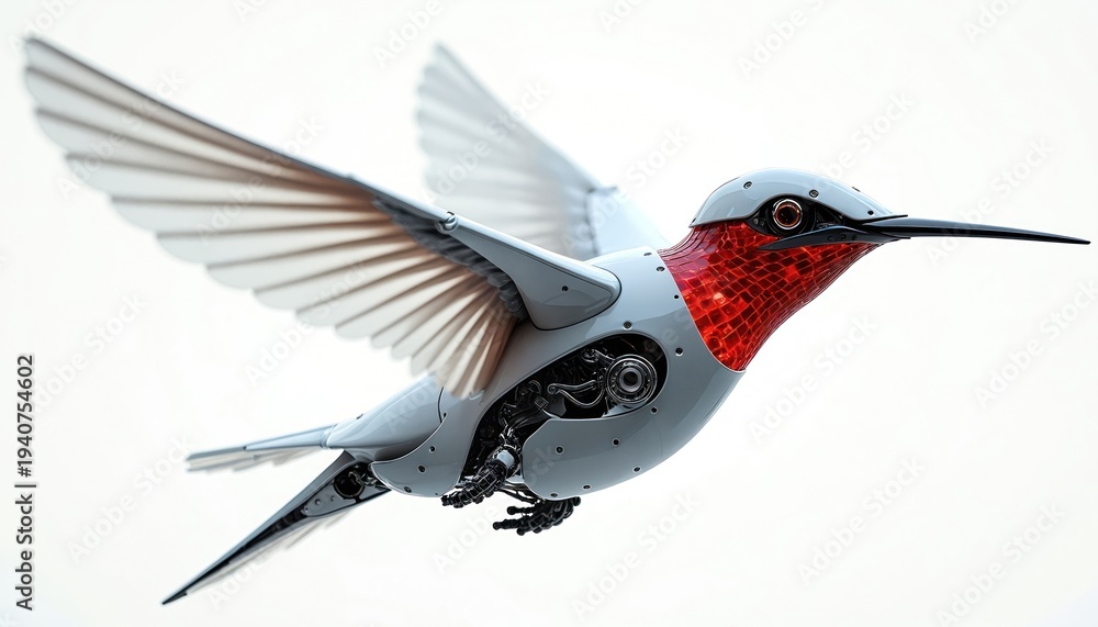 Fototapeta premium Mechanical hummingbird robot bird in flight with exposed intricate gears, wiring. Futuristic avian automaton with metallic grey body, red chest, detailed wings spread wide against white background.