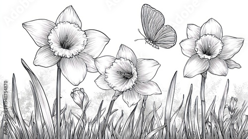 Hand-drawn illustration of daffodils in a field with a butterfly, monochrome, light background