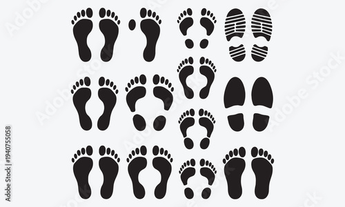 Human footprint. Black silhouette people barefoot, leg imprint, shoes and boot feet