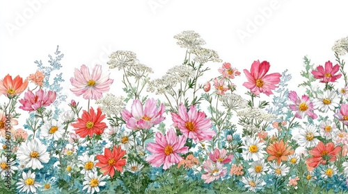 Watercolor floral border with various blooming flowers and leafy green foliage on white