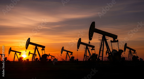 A silhouette of an industrial oil pump jack stands against a vibrant sunset sky at a petroleum drilling oilfield for energy exploration and fuel production