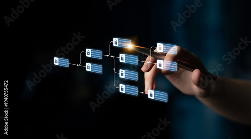 Foto Blockchain structure showing distributed data blocks linked with encryption, rep