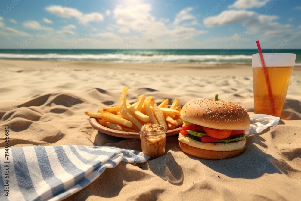 Obraz premium A delicious hamburger and fries served on a sandy beach, accompanied by a refreshing drink. Perfect for showcasing summer beach vibes and outdoor dining.