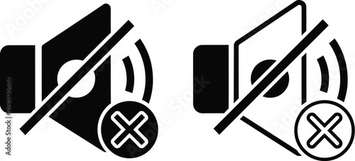 Mute speaker icons with crossed sound waves isolated on transparent background, Vector