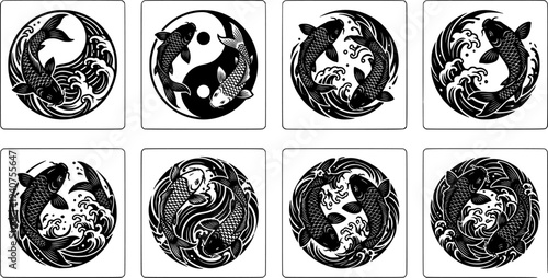 Tattoo flash koi fish circular compositions six black silhouette vector set swimming clockwise counterclockwise yin yang balance traditional japanese waves