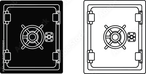 Safe vault door lock black and white line art isolated on transparent background, Vector