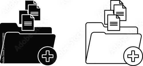 Folder icons with plus sign and documents isolated on transparent background, Vector
